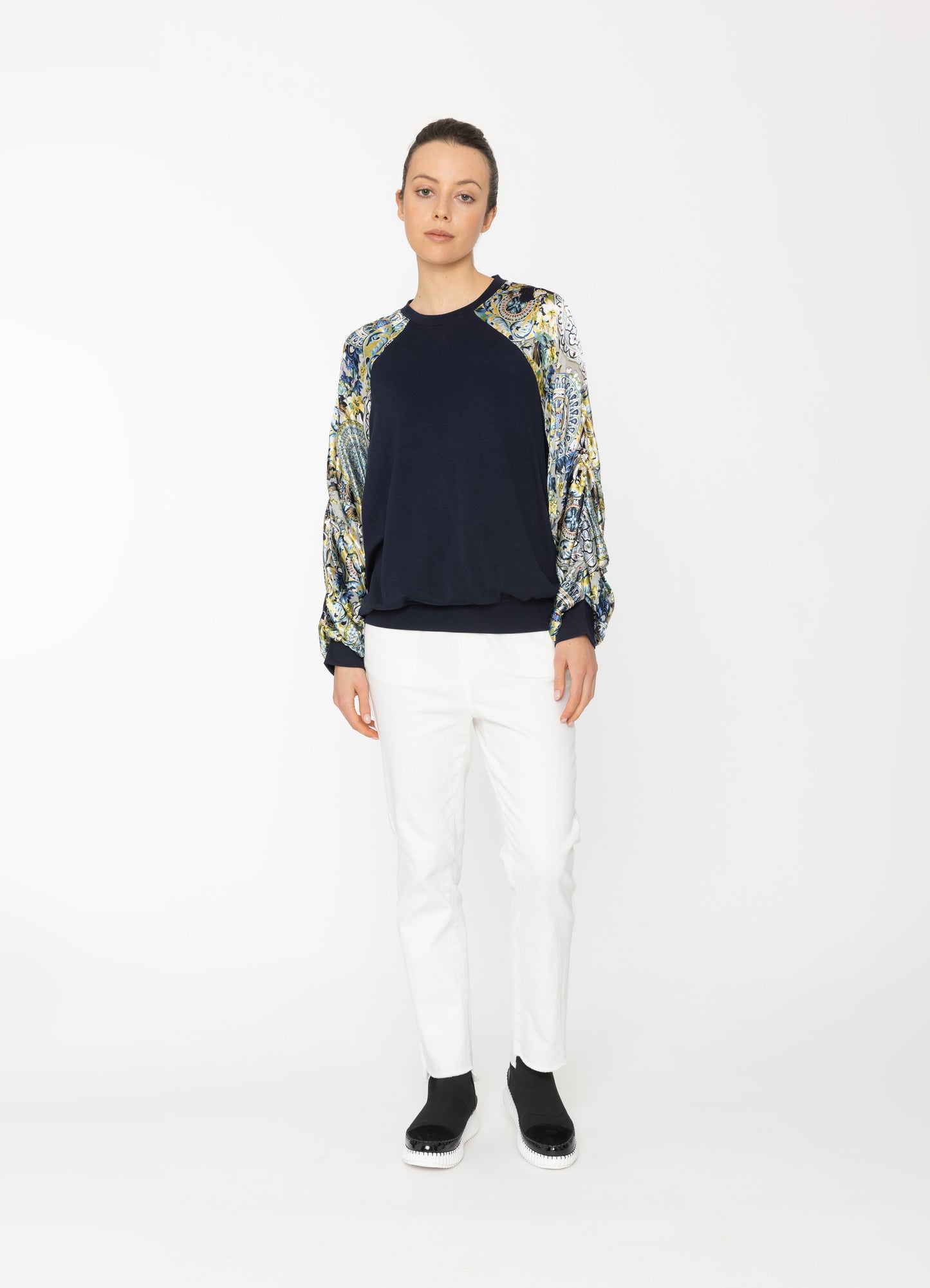 Juno Sweatshirt in Navy + Royal Print Blacklist women's top NZ
