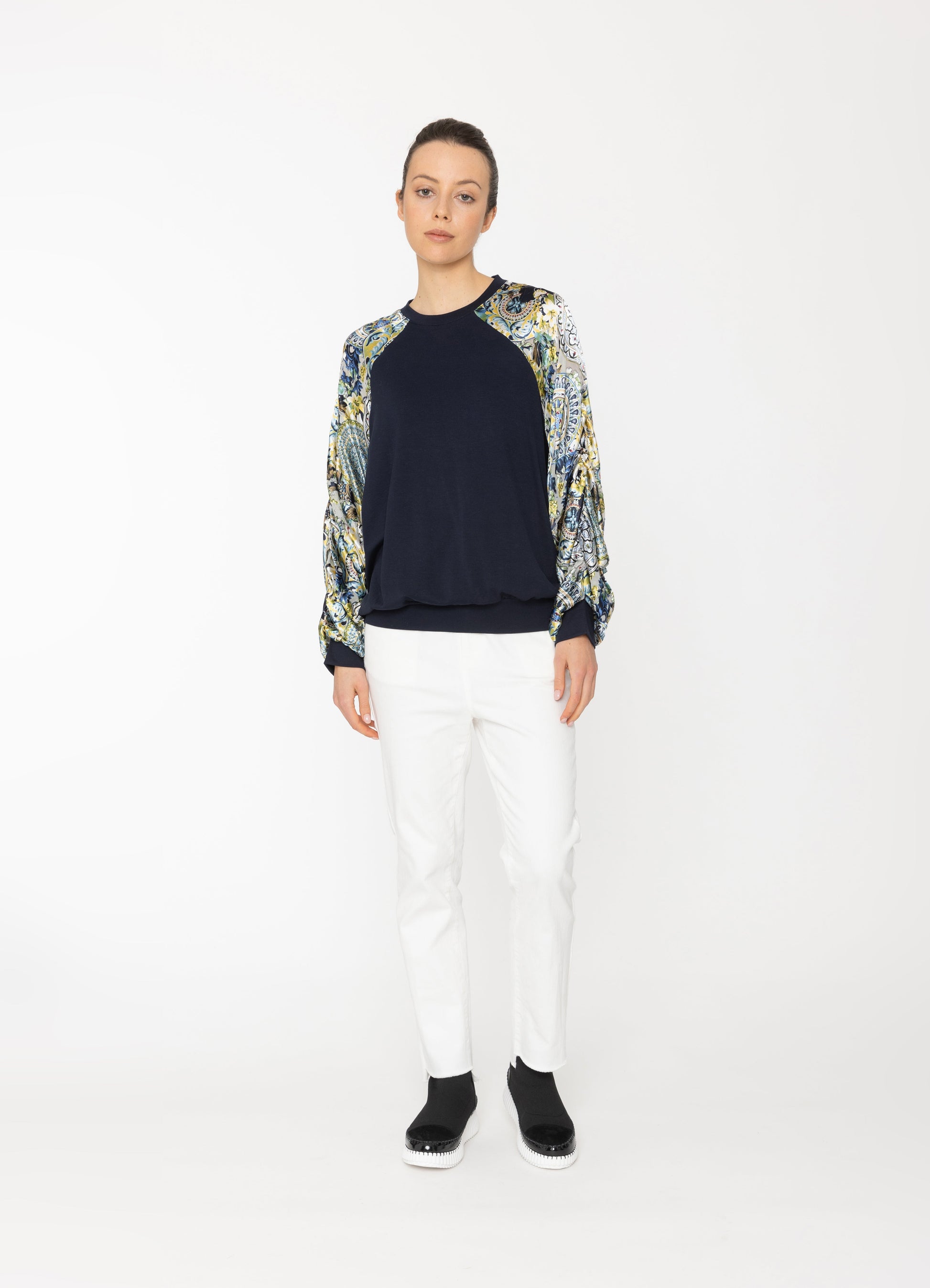 Juno Sweatshirt in Navy + Royal Print Blacklist women's top NZ