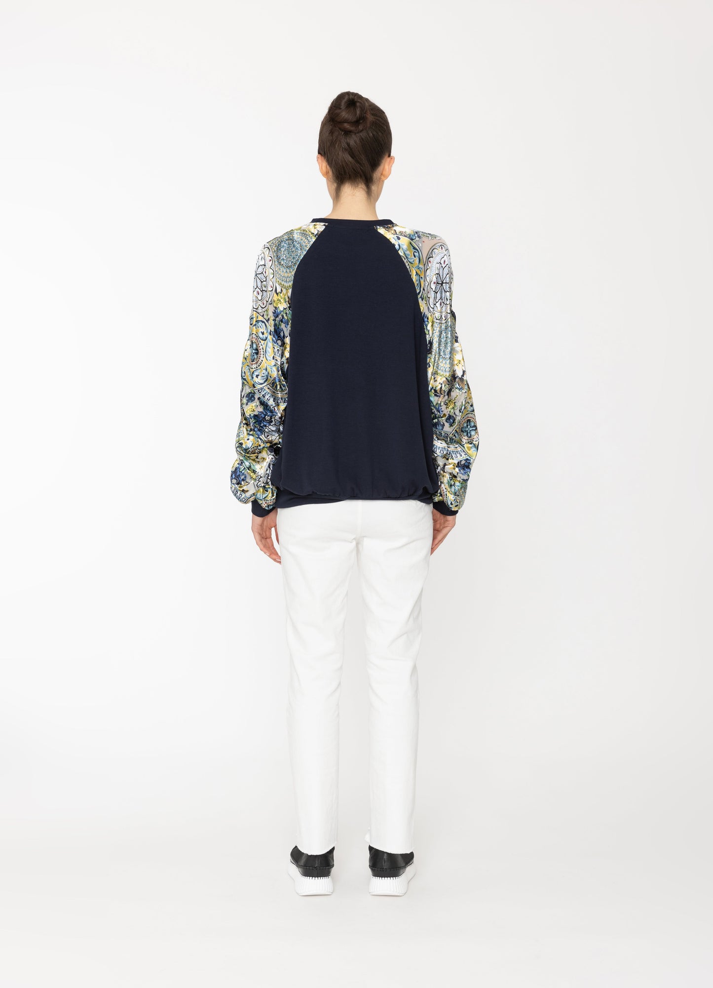 Juno Sweatshirt in Navy + Royal Print Blacklist women's top NZ