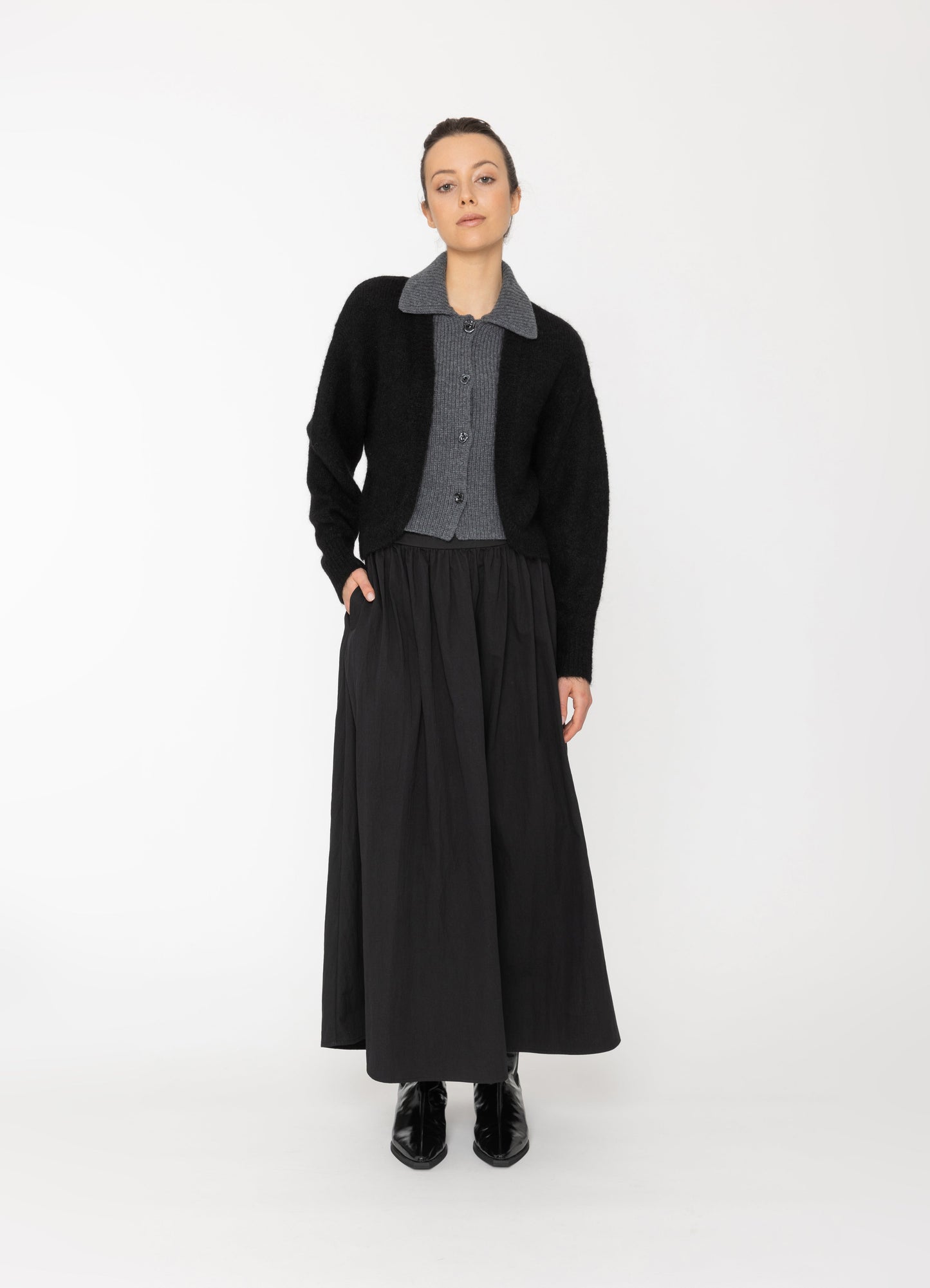Bexi Top in Black Outer + Charcoal Inner Blacklist women's cardigan NZ