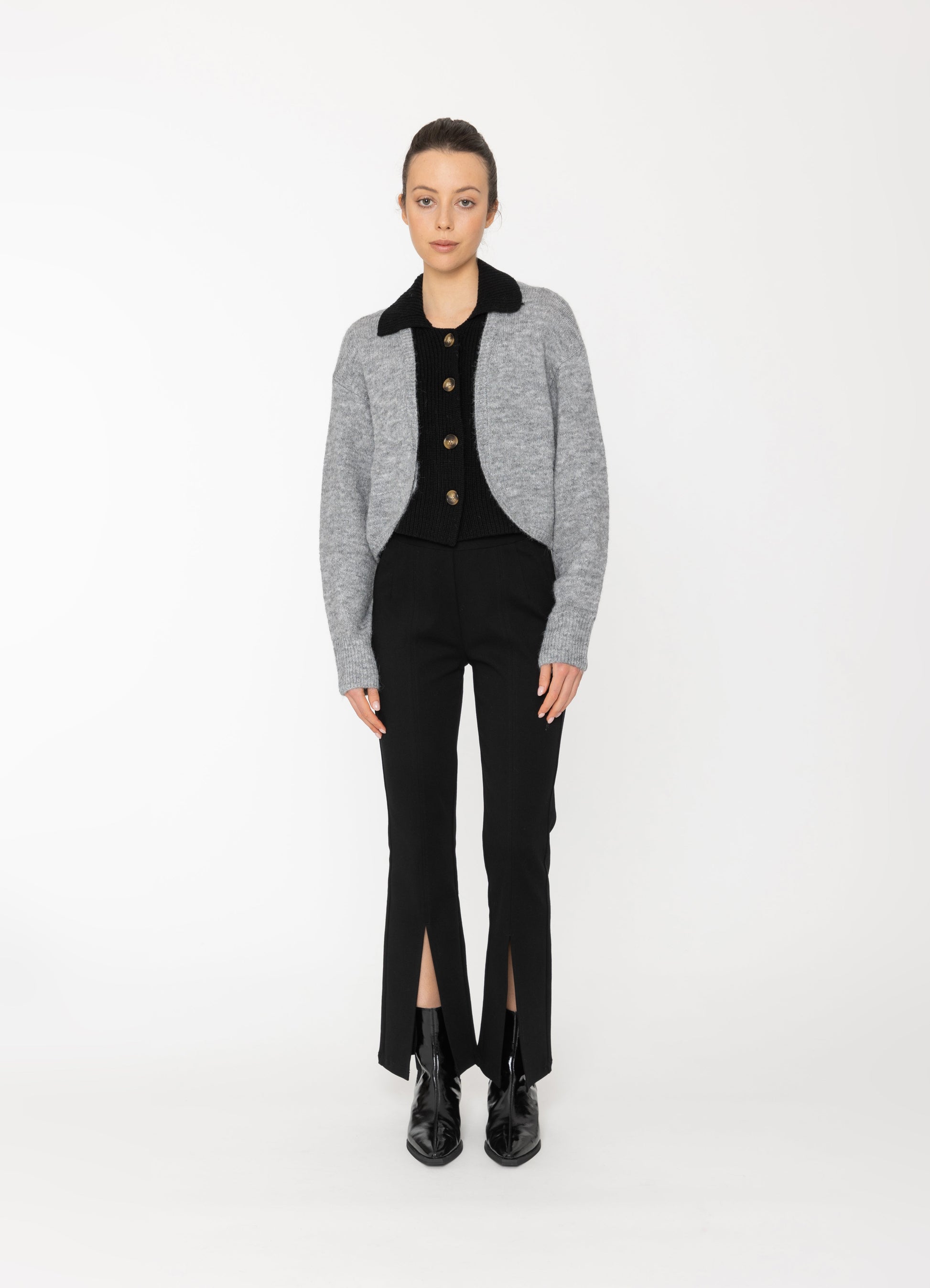 Bexi Top in Grey Outer + Black Inner Blacklist women's cardigan NZ